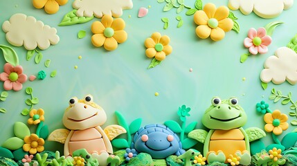 Obraz premium Three smiling turtles made out of playdoh, surrounded by colorful flowers and leaves, on a blue background.