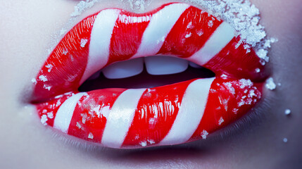 Bold holiday-themed makeup with candy cane-striped lips, matching curved eyeliner, and snowflake shimmer accents, ideal for Christmas advertising and creative seasonal branding projects