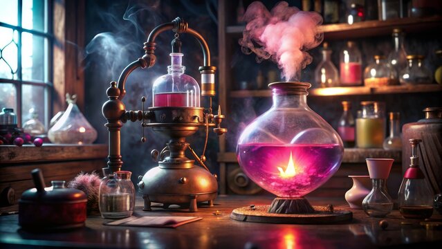 Alchemy lab with vintage apparatus and glowing potion for mystical experiments