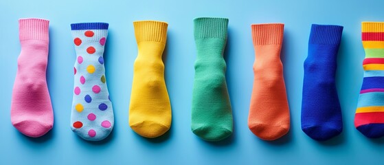 Display of socks with vibrant, playful patterns in various colors, National Sock Day, pattern colorful
