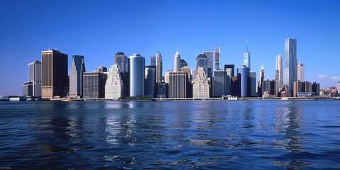 Naklejka premium Skyline of modern skyscrapers by a body of water under a clear blue sky.