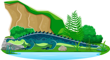 Sarcosuchus prehistoric dinosaur cartoon character. Isolated vector extinct genus of giant crocodyliform. Carnivorous dino lived during early cretaceous period standing prehistoric nature landscape