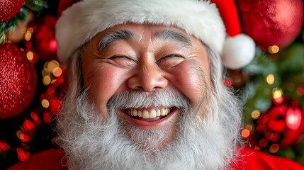 Festive portrait of an Asian Santa Claus with radiant rosy cheeks and a hearty laugh, surrounded by Christmas decor, ideal for joyful holiday campaigns and creative branding