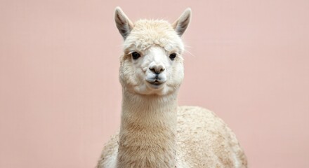 Fototapeta premium Portrait of a gentle alpaca against a soft pink background for nature and animal design