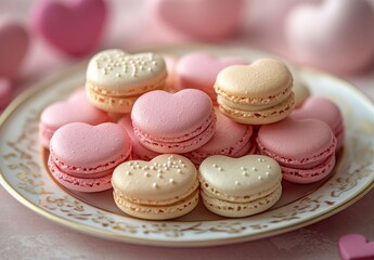 Obraz premium Heart-Shaped Macarons in Soft Pink and Cream on a Decorative Plate Surrounded by Heart Motifs for Valentine's Day Treats and Celebrations