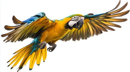 Bright blue and yellow parrot gracefully flying with outstretched wings against a light background