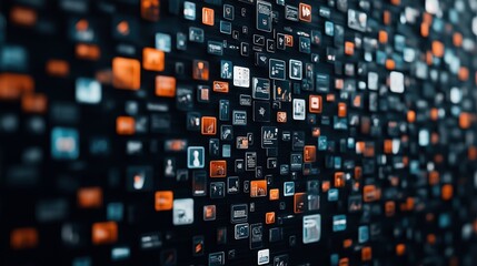 Obraz premium Abstract digital display with numerous orange, blue, and white micro screens featuring data graphs, icons, and text in a futuristic, high-tech setting.