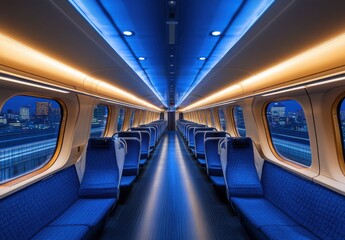 Interior of a modern train carriage featuring illuminated blue and orange lighting, empty comfortable seating, and a view of the cityscape outside at night