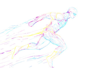 Obraz premium Neon outlines of superhero in action isotated on black background.