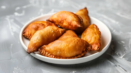 Fried pies on a white plate on gray background. Russian tea time. Front view.