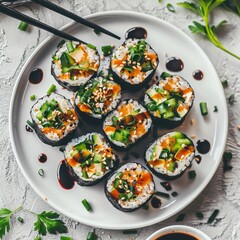 Uramaki sushi rolls, brown spicy sauce, green onions top view on white plate, nori maki, futomaki set