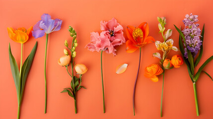 Flowers row on orange background, copy space. Flat lay, top view.