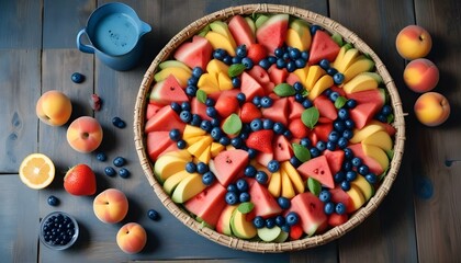 Una colorida ensalada de frutas con rodajas de sandía, melocotones, fresas y arándanos dispuestos sobre una mesa de madera. El fondo incluye un plato de arándanos frescos