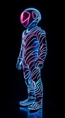full body glowing hologramy of child humanoid robot in futuristic armor made out of wavy undulating lines, wearing round helmet, pulsing blue and pink neon waves, black background