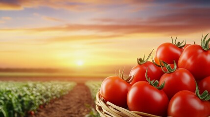 Basket of freshly picked red tomatoes in a field, summer harvest. 