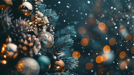 Decorated Christmas tree with balls, beads and baubles. Close-up.