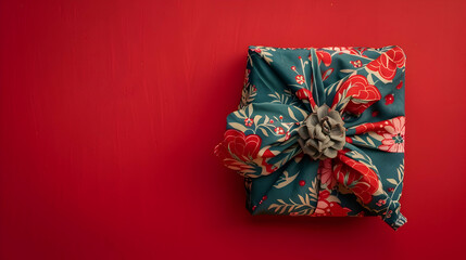 Furoshiki gift, Zero waste Christmas, flat lay on red green background. Web banner with copy space.