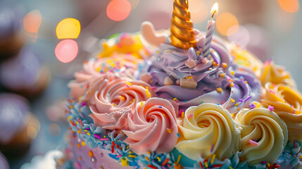 Unicorn birthday cake close up on light.