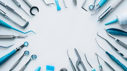 Tools of a manicure set on a white background. Different bottles of nail polish and tools around.