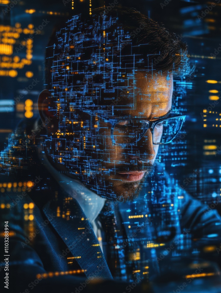 Poster hacker collects data about business people through neural networks. web safety and cyberspace concep
