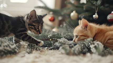 Two cats plays near the Christmas branches, decorations on floor. Christmas holidays and new year concept.