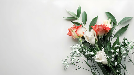 Flowers composition on white background with copy space. Flat lay, top view. Web banner.