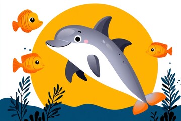 Obraz premium A cheerful dolphin swims amidst colorful fish and plants against a vibrant sun backdrop, creating a playful underwater scene.