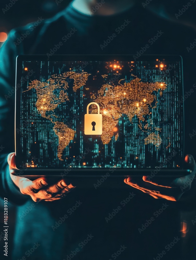Poster hacker holding laptop with digital key and world map hologram. hacking and cyber attack concept. mul