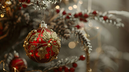 Red golden christmas ball hanging on a branch. Decorations on the christmas tree. Christmas and new year concept. Web banner.