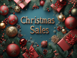 christmas poster background design, with a green and red color scheme. "Christmas Sales" is written in gold letters arrange center at the top of the poster, surrounded by gift boxes, Christmas trees