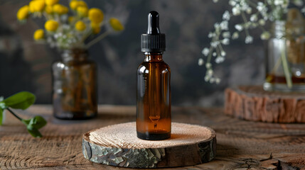 Blank amber glass essential oil bottle on wooden brick. Natural organic cosmetics. Front view.