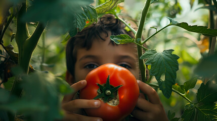 Boy with big red tomato before face. Harvest in garden.