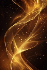 Abstract golden flowing waves with glowing particles and soft curves on a dark background, creating an elegant and luminous design