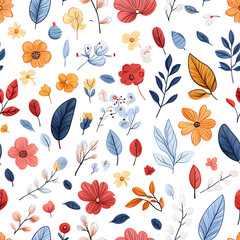 Floral flowers and beautiful colorful leaves wallpaper seamless pattern for interior decoration or background.