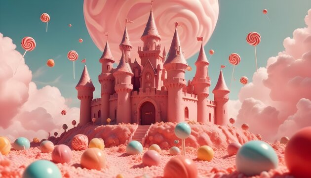 
Un colorido castillo de fantas&iacute;a rodeado de estructuras con forma de caramelo, esferas flotantes y un paisaje caprichoso con colores pastel