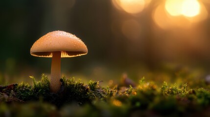 A close-up of a dew-covered mushroom in a forest, illuminated by soft sunlight, creating a serene and magical atmosphere, Ideal for nature-themed projects, blogs, or environmental promotions,