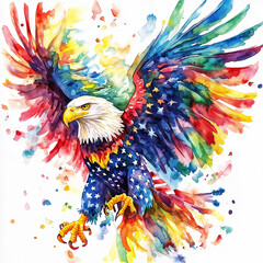 Fototapeta premium Graceful Eagle Soaring in Watercolor Design with American Flag Inspiration