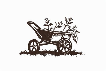 Wheelbarrow logo, garden cart symbol, minimal gardening drawing, growing young sprouts, eco plant