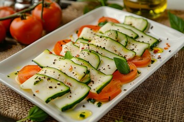 Vegetable Salad, Vegetarian Salat with Smoked Cheese, Sliced Cucumbers, Tomatoes and Greens