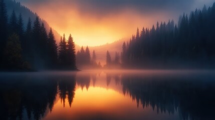 Fototapeta premium A serene landscape showcasing a tranquil lake surrounded by misty evergreens at sunrise, creating a captivating reflection in the water, Perfect for nature-related themes, relaxation