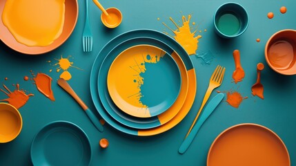 Obraz premium Colorful abstract arrangement of orange and teal plates, forks, and paint splashes on a teal background