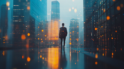 Obraz premium Abstract business man stands on the peak of success amid tall, innovative Smart city and graphs with statistics to analyze business potential and predict future developments in company growth.