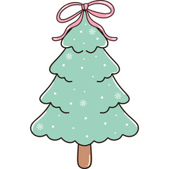 Pastel green,christmas tree with pink coquette bow clipart illustration