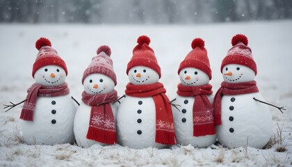 Fototapeta premium Tres muñecos de nieve con sombreros rojos y bufandas de pie en la nieve con un fondo nevado y borroso