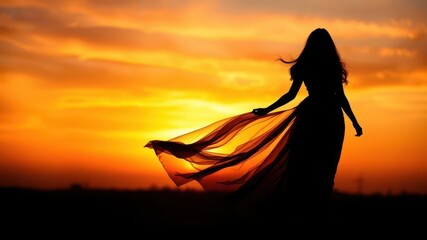 Graceful female silhouette in a flowing dress standing against a colorful sunset background, mystical, concept, atmosphere