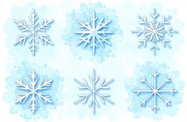 Fototapeta premium Delicate watercolor snowflakes in different designs showcase the beauty of winter against a soft blue backdrop, creating a serene atmosphere. Generative AI