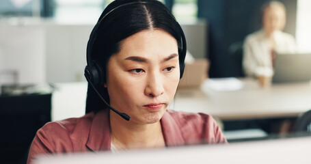 Business, call center and woman in office, tech support and help desk with headset, contact us and...