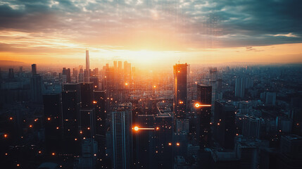 Fototapeta premium Smart digital city with connection cyber security network reciprocity over the cityscape . future smart wireless digital city and social media networking systems that connects people within the city