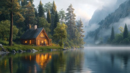 Fototapeta premium Tranquil riverside cabin surrounded by lush greenery, providing a serene retreat with scenic river views and peaceful ambiance