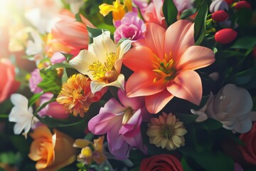 A bouquet of flowers with a variety of colors including pink, yellow, and orange